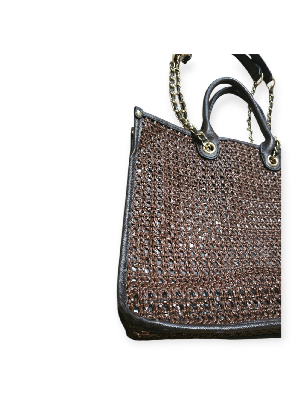 Steve Madden Brown Woven Tote with Black Trim and Gold Chain - Picture 6 of 10